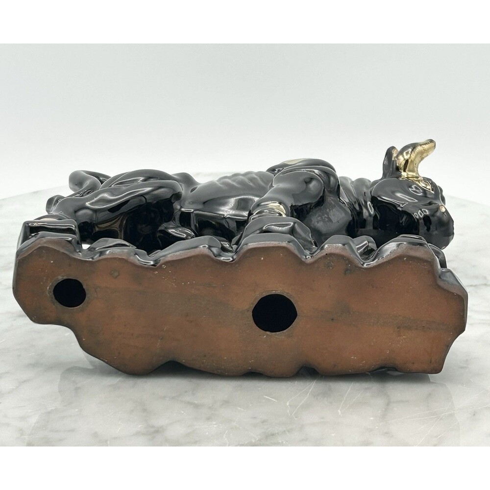 Vtg MCM Japanese Bull Pottery Black & Gold Hand Painted Accents Red Clay - Picture 8 of 8